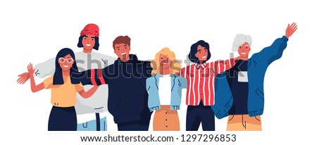 Group portrait of smiling teenage boys and girls or school friends standing together, embracing each other, waving hands. Happy students isolated on white background. Flat cartoon vector illustration.