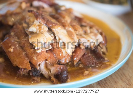 Delicious roasted duck on dish in restaurant