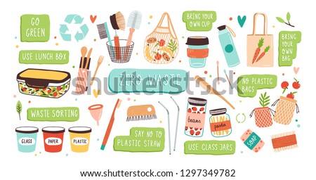 Collection of Zero Waste durable and reusable items or products - glass jars, eco grocery bags, wooden cutlery, comb, toothbrush and brushes, menstrual cup, thermo mug. Flat vector illustration. Royalty-Free Stock Photo #1297349782