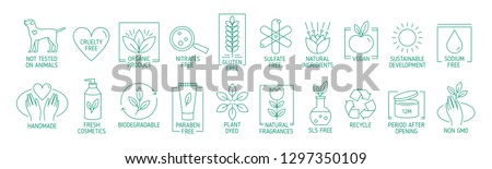 Collection of linear symbols or badges for natural eco friendly handmade products, organic cosmetics, vegan and vegetarian food isolated on white background. Vector illustration in line art style. Royalty-Free Stock Photo #1297350109
