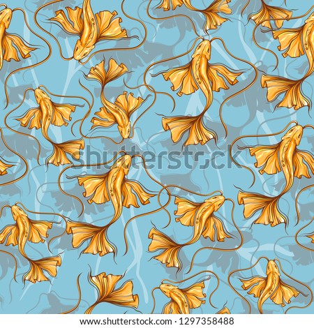 Repeat pattern with many gold koi fishes, vector illustration isolated on blue background with shadows of fish