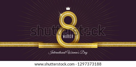 8 March International women's day greeting card - shining glitter gold ribbon in the shape of sign eight. Vector illustration.
