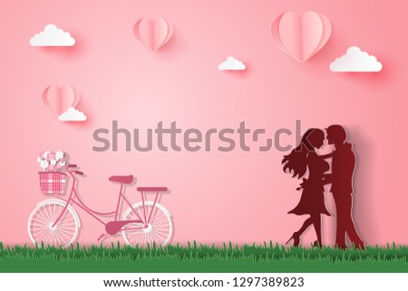 Happy Valentines Day romance greeting card with couple romantic love story on grass,Paper art style.