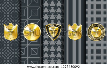 Golden vintage pattern on dark background. Vector illustration clip art. Golden abstract ornament. Set label