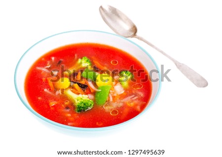 Vegetarian cold tomato soup with mixed vegetables. Studio Photo