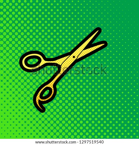Hair cutting scissors sign. Vector. Pop art orange to yellow dots-gradient icon with black contour at greenish background.