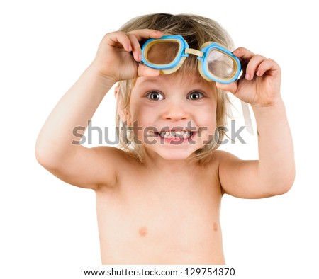 little boy in glasses for swimming on white Royalty-Free Stock Photo #129754370