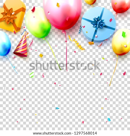 Happy birthday party template with colorful balloons, gift boxes and confetti on transparent background. Space for your text