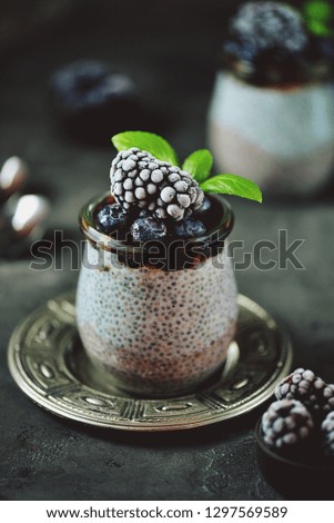 Chia seed pudding with honey, frozen blueberries and blackberries. Delicious and healthy organic dessert.