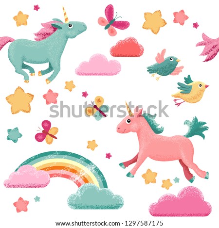 Cute unicorns, stars and clouds seamless vector pattern.