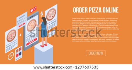Order pizza online banner. Isometric illustration of order pizza online vector banner for web design