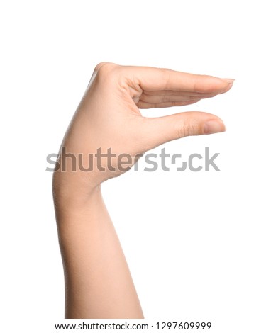 Woman showing word no on white background, closeup. Sign language