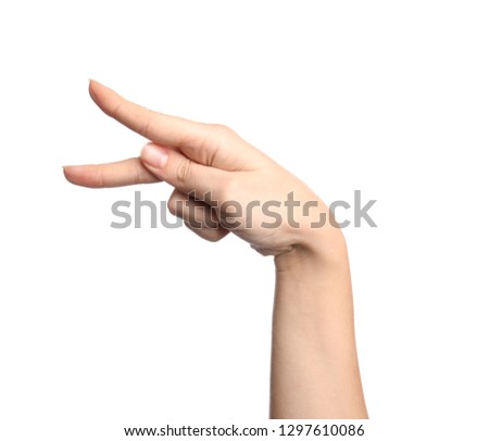 Woman showing P letter on white background, closeup. Sign language