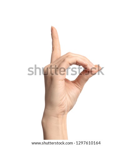Woman showing D letter on white background, closeup. Sign language