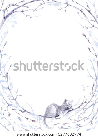watercolor oval frame with spring branches and a cat