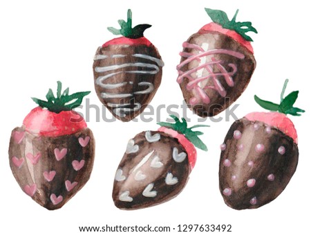 Watercolor  chocolate covered strawberries set