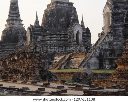 Ancient ruins, temples, Buddha statue, historical park in Ayutthaya, Thailand