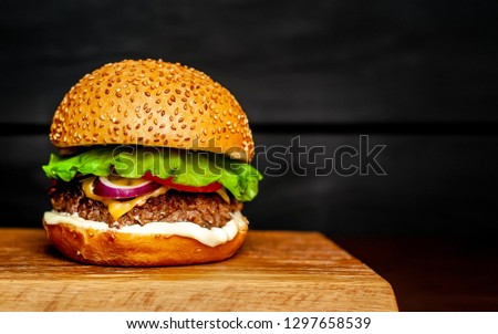 
Delicious fresh homemade burger on a cutting board