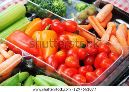 Assorted vegetables like tomatos and carrot in plastic container