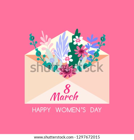 Happy 8 March, International Women's day. Holiday  letter concept. Big envelope with red heart and spring flowers, leaves.  Cute romantic background, banner design in flat cartoon style. Vector.