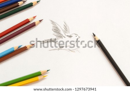 Drawing a flying bird with a twig. Next to the table are colored pencils.