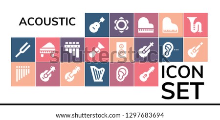  acoustic icon set. 19 filled acoustic icons. Simple modern icons about  - Guitar, Diapason, Flute, Veena, Harp, Ear, Piano, Horn, Subwoofer, Listening, Tambourine, Trombone