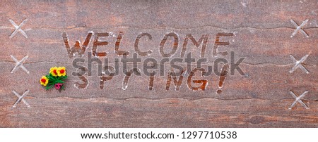 The inscription "Welcome Spring!" on wooden background. Letters in the snow.