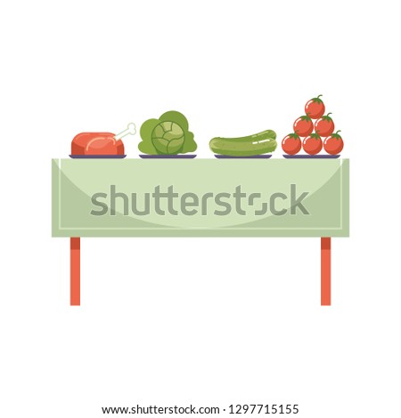Fresh organic meal on dinner table isolated on white background - cooked chicken meat and ripe raw vegetables for eco-friendly farm food concept. Flat illustration of healthy eating.