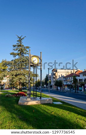 View of the town clock located in the centre of a public garden in the new Nessebar, Black sea, Bulgaria, Europe 