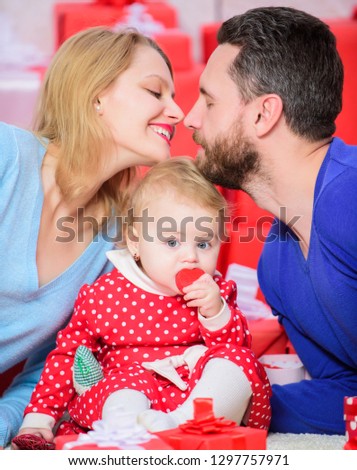 Family celebrate their love. Romantic couple in love and baby girl. Valentines day concept. Together on valentines day. Lovely family celebrating valentines day. Happy be parents. Perfect celebration.
