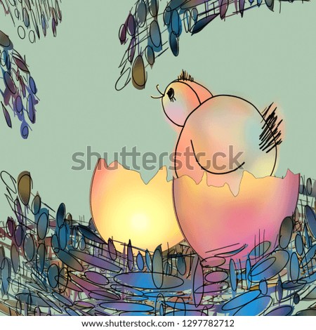 Colorful amusing baby bird. Cartoon newborn chicken and egg in a nest. Greeting card Easter. Pattern for print, poster.