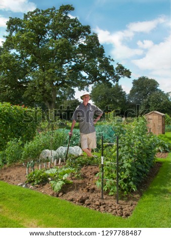 Proud retired senior man standing in vegetable garden looking at camera
