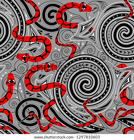 Seamless pattern ornament with fantasy wriggling red snakes. Rich decorated wallpaper. Modern popular print. Vector image.