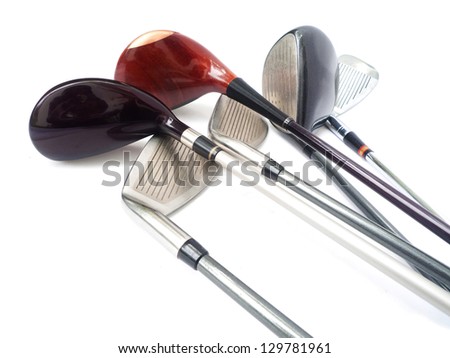 Equipments golf clubs on white background.