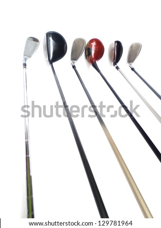 Equipments golf clubs on white background.