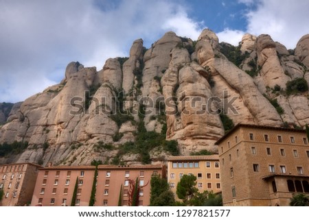 View the famous Catholic monastery of Montserrat on the background of round rocks. Catalonia of Spain.