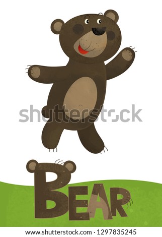 cartoon scene with bear card on white background with name of animal - illustration for children