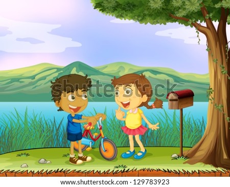 Illustration of a young boy holding a bike and a girl near a wooden mailbox