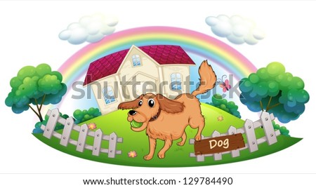 Illustration of a dog playing in front of a house on a white background