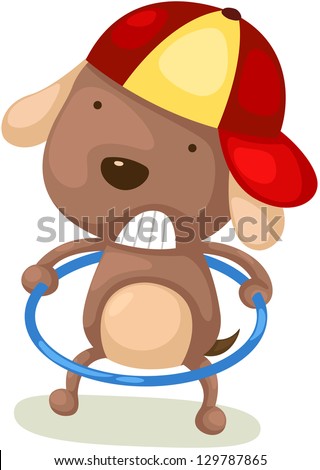 illustration of isolated a dog twirling hula hoop on white