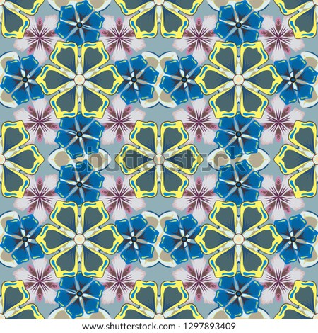 Floral background with watercolor effect. Textile print for bed linen, jacket, package design, fabric and fashion concepts. Seamless pattern with flowers and leaves in blue, gray and yellow colors.
