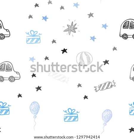 Light Pink, Blue vector seamless pattern in christmas style. Illustration with a gradient toy car, baloon, candy, star, ball. Pattern for carnival, festival ads.
