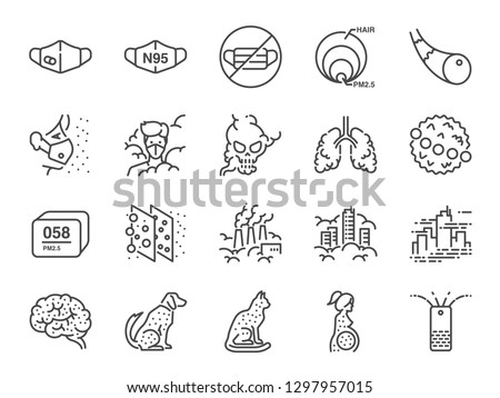 PM2.5 Air pollution line icon set. Included icons as smoke, smog, pollution, factory, dust and more. Royalty-Free Stock Photo #1297957015