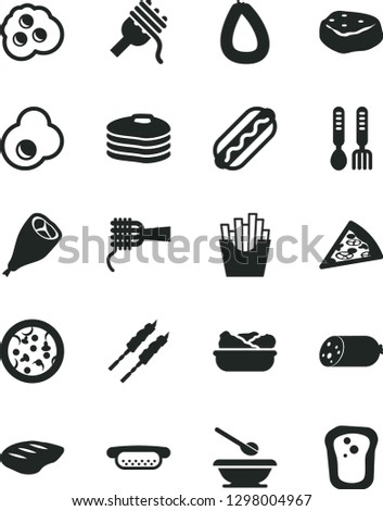 Solid Black Vector Icon Set - plates and spoons vector, iron fork, sausage, stick of, pizza, piece, Hot Dog, mini, spaghetti, noodles, lettuce in a plate, grill chicken leg, chop, barbecue, meat
