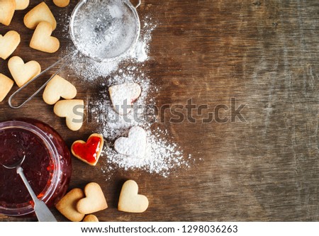 Heart shaped cookies for valentine's day, top view, copy space