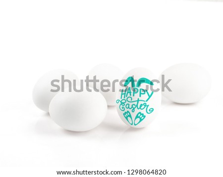 Happy Easter lettering on egg on white background, Easter design with cute bunny and text, hand drawn illustration