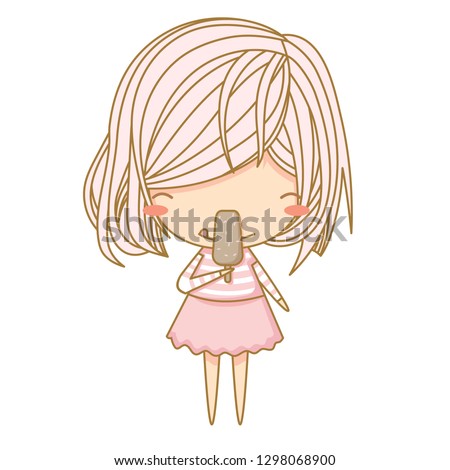 Cute little girl eating Ice cream. Vector illustration, character design. Isolated on white background. Chocolate ice cream.