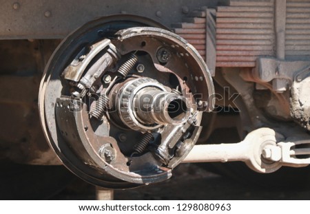 Rusty and dirty car disc brake.Drum brake removed.Brakes of Transport