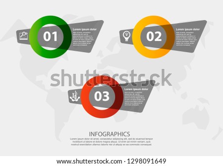 Modern 3D vector illustration. Petal label infographic template with three elements and circles. Contains icons and text. Designed for business, presentations, workflow layout, 3 step diagrams.