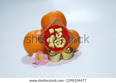 Chinese new year decorations of Mandarin oranges, ornamental "Fook" means "Prosperity,Fortune and Lucky",ingots, Spring festival, Lunar new year